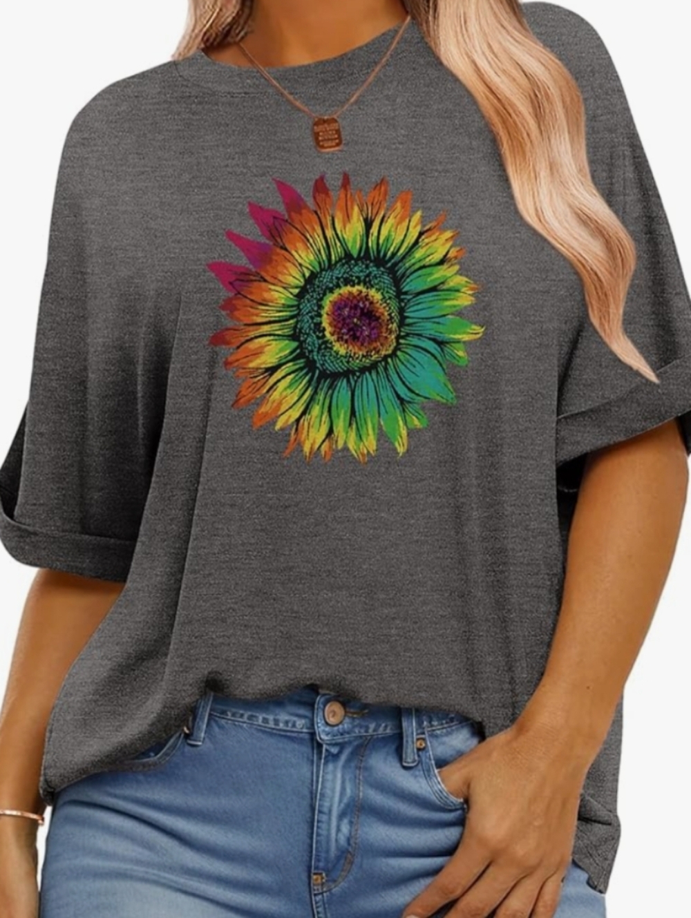 Women’s Gray Tee with Rainbow Sunflower Print